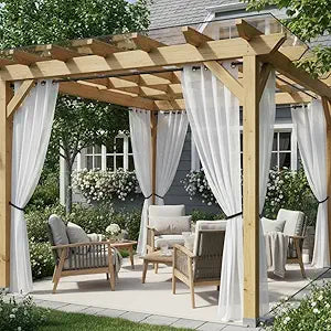 HolidayIdeas White Outdoor Sheer Curtains for Patio Waterproof 4 Panels-Linen Semi Voile Indoor Sheer Curtains, Light Filtering Privacy Drapes for Living Room, Gazebo, Porch, Balcony, Pool 54"x84"