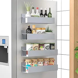 HuggieGems 4 Pack Magnetic Spice Storage Rack Organizer for Refrigerator and Oven, Gray Fridge Organizers and Storage