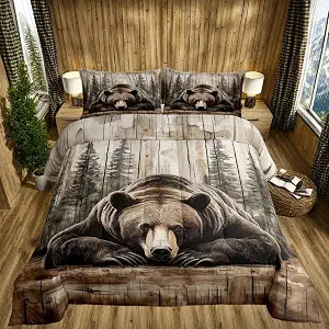 Erosebridal Grizzly Bear Bedding Set Queen Hunting Wild Animal Comforter Set Rustic Farmhouse Cabin Bedding Comforter Sets Western Country Quilt Bed Set Vintage Forest Wildlife Decor,2 Pillowcases