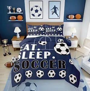 Erosebridal Soccer Comforter Set Twin Sports Bedding Sets for Boys Girls Football Down Comforter Soccer Ball Games Bed Set Football Room Decor for Boys Teen Quilt Set 2 Pcs Navy Blue