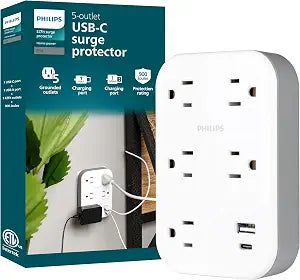 Philips Surge Protector Outlet Extender + USB Ports, 5 Outlet Wide-Spaced