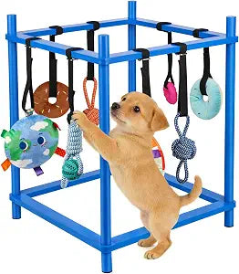 Wooden Puppy Play Gym for Small Dogs, Puppy Jungle Gym with 8 Hanging Toys, Wood Frame Indoor Puppy Gym with Dog Enrichment Toys for Puppies and Small Pets (Blue)