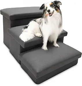Foldable Dog & Cat Stairs for Couch  3-Step Soft Microsuede Pet Stairs with Storage, Anti-Slip Bottom, 150lb Capacity  Ideal for Small, Medium & Senior Pets (Cool Grey)