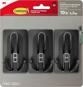 Command 10 lb X-Large Matte Black Triple Hooks, 3 Hooks and 12 Strips, Damage-Free Hanging with Adhesive Strips, No Tools Wall Hook for Hanging Decorations in Living Spaces