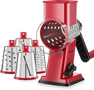 Geedel Rotary Cheese Grater - Upgraded Vegetable Shredder with 4 Interchangeable Blades, Easy to Clean Cheese Shredder with Handle, Kitchen Grater Nuts Grinder for Cutting Cheese, Vegetable, Nuts