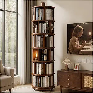 Solid Wood Rotating Round Bookshelf Towers with Wheels, Revolving Bookcase 6 Tier 360 Wooden Rotating Book Tower, Narrow Rolling Vertical Display Storage Rack (Walnut, 6 Tier, 78.1" H)