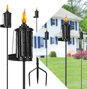Home Garden Torch Set of 6, 16oz Outdoor Metal Torch Garden Dcor,59-Inch Upgraded Citronella Torches with 3-Prong Grounded Stake, Metal Light Torches for Party Patio Pathway