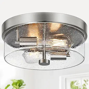 Flush Mount Ceiling Light Fixtures, 2-Light 12 Inch Brushed Nickel Close to Ceiling Light Fixtures with Seeded Glass Shade Ceiling Light Fixture for Porch, Hallway, Bathroom, Dining Room and Foyer