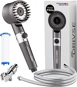 Drivse Filtered Shower Head for Hard Water | Ion Drops High Pressure Handheld Shower Head with Stainless Steel Hose | 3 Spray Modes | Tool-Free Install | Softer Skin & Healthier Hair