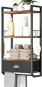 Bathroom Storage Organizer Wall Mounted, 3 Tier Bathroom Towel Rack Shelf with Storage Drawer Double Towel Bars and Hooks, Industrial Bathroom Shelves Over Toilet, Rustic Black and Brown (A)