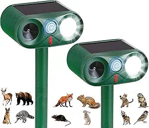 2Pack Solar Ultrasonic Animal Repeller with Strobe Light  for Gardens, Farms and courtyards Outdoor Deterrent for Raccoons, Deer, Squirrels, Cats, Skunks & Foxes