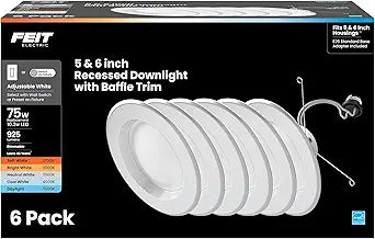 Feit Electric LED Recessed Light Retrofit Kit - 5/6 in Dimmable with Baffle Trim, 75W Equivalent, Adjustable White 2700K5000K, 90+ CRI, for Living, Bathroom, Dining & Kitchen Room
