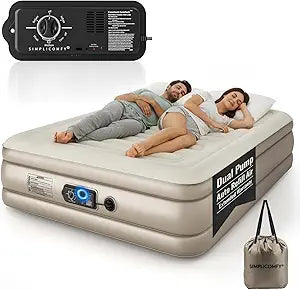 Simpli Comfy Queen Air Mattress with Built-in Patented Constant Comfort Dual Pump, 18" Raised Blow-up Colchon Inflable Mattress Three Adjustable Firmness Settings, Self-monitoring Air Retention System