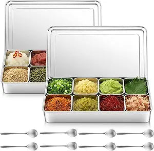 Boao 2 Sets 8 Compartment Yakumi Pans 304 Stainless Steel Seasoning Condiment Container with Lids Spoons, Japanese Yakumi Pans Mini Sauces Salad Dressings Storage for Food, Herbs, Spices