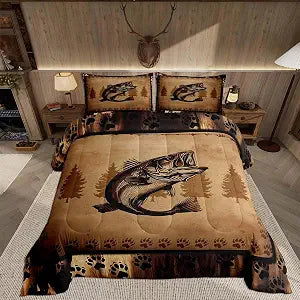 Feelyou Fish Comforter Set for Boys King Size Fish Hunting Comforter Room Bass Big Fish Bedding Set Farmhouse Rustic Cabin Country Bear Foot Prints Duvet Set 3Pcs