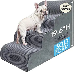 PAWSCRAT Pet Stairs for Dogs 4-Step, 19.6" H Pet Stairs for High Bed, Couch Sofa & Chair, 30D Material Soft Foam Dog Steps with Non-Slip Bottom Surface Removable Washable Cover, Grey