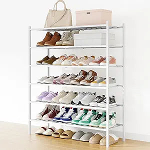 Smiry Long Bamboo Shoe Rack, 6 Tier Free Standing Wooden Shoe Organizer, Stackable Wood Shoe Storage Shelf for Closet, Entryway, 12 Vertical Slats, 2+2+2 Stack Standard Legs, 33.7"x11"x39", White