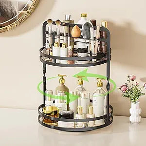 360 Rotating Makeup Organizer, 2-Tier Black Perfume Organizer for Dresser, Bathroom Organizers Countertop, Perfume Shelf with Makeup Brush Holder, Skincare Holder Cosmetic Display(Black)