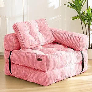 MAXYOYO Convertible L Shape Corner Sleeper Chair with Pillow Portable Fold Out Chair Bed, Floor Sofa Lounge for Living Room Bedroom, Pink