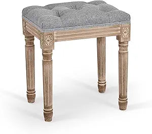 VONLUCE French Vintage Foot Stool with Rustic Wood Legs and Padded Seat, 18.5" High Memory Foam Upholstered Vanity Stool and Entryway Bench,Tufted Fabric Ottoman Stool for Bedroom Living Room, Gray