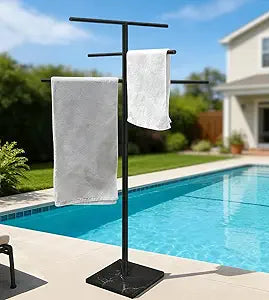 Eadot Marble Base Outdoor Standing Towel Rack for Swimming Pool, Hot Tub Or Spa, 304 Stainless Steel 6 Arms Standing Towel Sheet Holder Blanket Drying Rack Matte Black