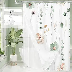 Gibelle Long 3 in 1 Shower Curtain Set, Watercolor Floral Bath Curtain and PEVA Liner Set with 12 Double Sided Steel Hooks, Modern Waterproof Fabric Bathroom Curtain 72x78, Sage Green