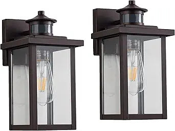 2 Pack Motion Sensor Outdoor Wall Lights, Bronze Exterior Wall Sconce with Clear Water Glass, 11.75" Outdoor Light for House Entryway