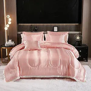 Satin Queen Comforter Set Silk Like Pink Bedding Comforter 8 Pieces White Ruffle Pattern Home Decor Luxury Hotel Silky Bed Sheet Set with 1 Cushion Cover (Queen, Pink)