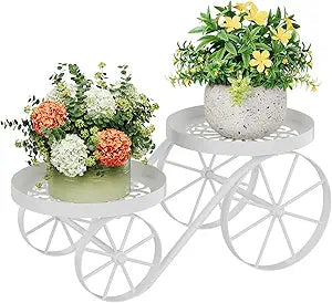Cute Plant Stand Indoor Outdoor 2-Tier Metal Heavy Duty Flower Pot Holder with Decorative wagon wheels, Multi-Use Planter Display Rack Shelf for Garden Patio Balcony Living Room Corner (White)