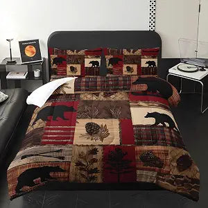 Western Rustic Bears Wild Hunt Animal Comforter 3Pcs Queen Natural Forest Black Bear Nut Bedding Set for Kid Teen Boy Girl Adult Retro Flower Grid Quilt Bed Decor with 1 Comforter+2 Pillowcases
