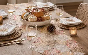 XiaHomeFashions Autumn Leaf Cutwork Embroidered Table Runner, 1 Piece, 15" x 54", White, 100% Polyester Single Layer Dining Table Cover, Washable Fall Thanksgiving Decor