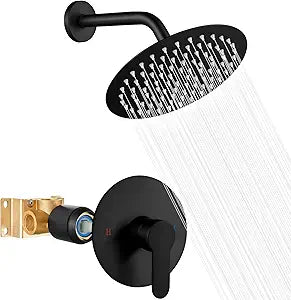 Heyalan Shower Faucet Set with Valve, Bathroom Shower System, Wall Mount Single Handle Shower Trim Kit, Fixed Rainfall Shower Head, 8-Inch Round Shower Head, Matte Black
