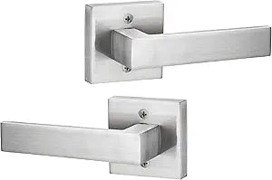 Berlin Modisch Contemporary Square Dummy Lever Door Handle Pack of 2 Non-Turning Single Side Pull Only Lever Set [for Closet or French Doors] Heavy Duty - Satin Nickel Finish