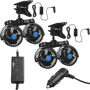 Tujoe 2 Sets 12v Car Fan Adjustable Dual Head Fan for Front Rear Seat 360┬░ Rotatable Car Clip Fan Cooling Car Seat Fan with Stepless Speed Regulation and Cigarette Lighter Plug for Vehicles Suv Rv