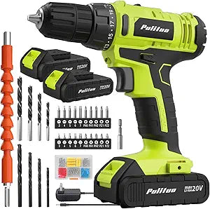 PULITUO'S 20V Cordless Drill/Driver, Electric Screwdriver - 2 Batteries, 30Nm, 21+1 Torque, 2 Speed, Keyless 3/8" Chase Drill with LED Light, Kit for Home (Green)