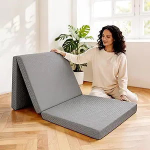Tri-Folding Mattress, 3 Inch Portable Folding Mattress Topper with a Collapsible and Washable Cover, Portable Floor Bed for Travel, Fold Up Guest Bed, Camping and Yoga (Twin, Gray)