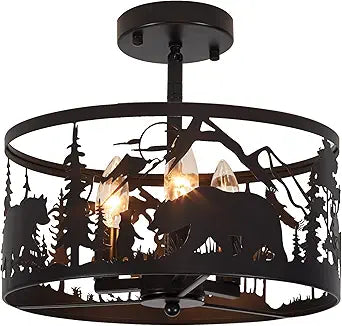 Farmhouse Rustic Slanted Ceiling Light Fixture - 3-Light Round E12 Base Black Metal Fixture with Deer and Bear Design - Perfect for Kitchen, Bedroom, Hallway, and Rustic Style