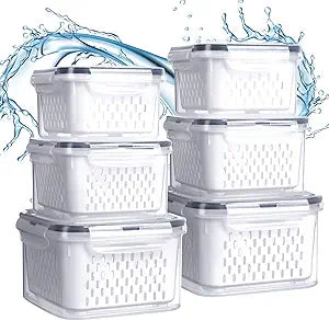 6 Pcs Fruit Storage Containers for Fridge, Food Storage Containers Berry Produce Fridge Organizer with Removable Colander Keep Fruits, Vegetable, Veggie, Meat Fresh Longer(Small, Medium, Large)