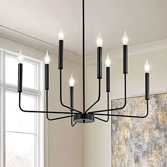 WOKNOS Modern Black Farmhouse Chandeliers, 8-Light Industrial Metal Chandelier Lighting, Classic Candle Hanging Pendant Light Fixtures for Kitchen Bedroom, Dining Room, Living Room,Foyer