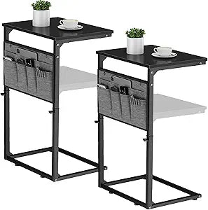 Vagusicc C Shaped End Table, Set of 2 Tall Side Table for Couch, Adjustable Height Small Couch Side Table for Small Spaces, End Table Slide Under Sofa Table TV Tray Arm Table for Living Room, Black