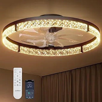 addlon Ceiling Fans with Lights and Remote, 24'' Low Profile Flush Mount Ceiling Fan, 30006000K Dimmable LED Fandelier, Bladeless Crystal Fan Light for Bedroom, Kitchen, Living Room, Black