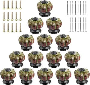 15pcs Ceramic Knobs, 1.57'' Pumpkin Cabinet Knobs Vintage Drawer Decorative Round Pulls for Dresser Cupboard Closet Door Kitchen Hardware Antique Green
