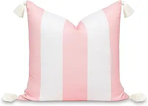 Hofdeco Premium Coastal Patio Indoor Outdoor Throw Pillow Cover Only, 20"x20" Water Repellent for Backyard, Couch, Blush Pink Wide Stripes with Tassels