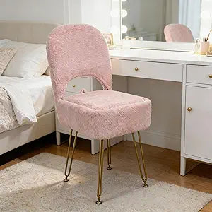 ACEQLYT Vanity Chair with Storage and Folding Back, Pink Vanity Stool wiht Ergonomic Backrest and Gold Metal Legs, Furry Padded Ottoman for Makeup Room, Bedroom
