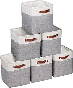 Fabric Storage Cubes 10.5x10.5x11 Cube Storage Bins for Closet Organizers and Storage Shelves Foldable Storage Bin with Handles, 6 Pack, Grey, PU Leather Handle