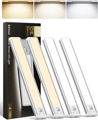 EZVALO 4-Pack Under Cabinet Lighting, 12-inch Motion Sensor Light, 2400mAh Rechargeable, 3 Color Temperatures, Dimmable, Magnetic Wireless Lighting for Kitchen, Closet, Pantry, Stairs, Hallway, Bar