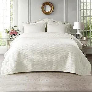 KASENTEX King XL Quilt Set 108"x98"  Soft Washed 3-Layer Lightweight Bedspread, Minimalist Nordic Design, All-Season Spring & Summer Quilt Set (1 Quilt + 2 Pillow Shams),Cream White