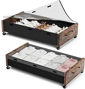 KITHELP Wooden Under Bed Storage with Wheels, Rolling Under the Bed Storage Bins with Removable Lid, Metal Under Bed Drawers for Clothes and Shoes in Bedroom or Living Room(Vintage Brown-2pack)