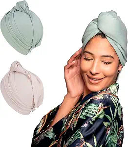 2 Pack T-Shirt Hair Plopping Towel for All Textures - Cotton Blend Water Absorption Turban with Secure Button - Moisture Gentle Styling and Setting Wrap - Sage & Pink