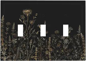 Vintage Black Gold Boho Floral Wild Flower Botanical Decorative Switch Plates 3 Gang Wall Plate Triple Toggle Light Switch Cover Faceplate Electrical Wall Panels for Farmhouse Home Decor